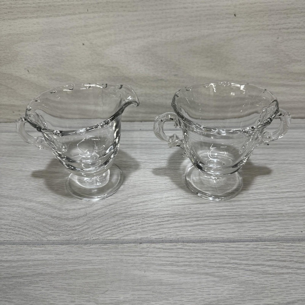 FOSTORIA Century Clear Glass Fitted Creamer & Sugar Bowl Set 4" Tall Vintage